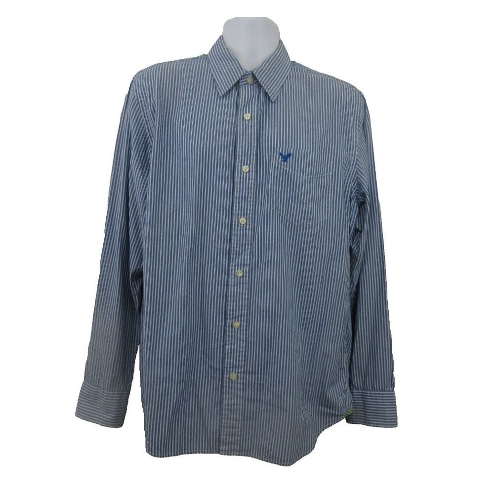 American Eagle Outfitters Mens Shirt VTG Fit Size Large Long Sleeve Blue Striped